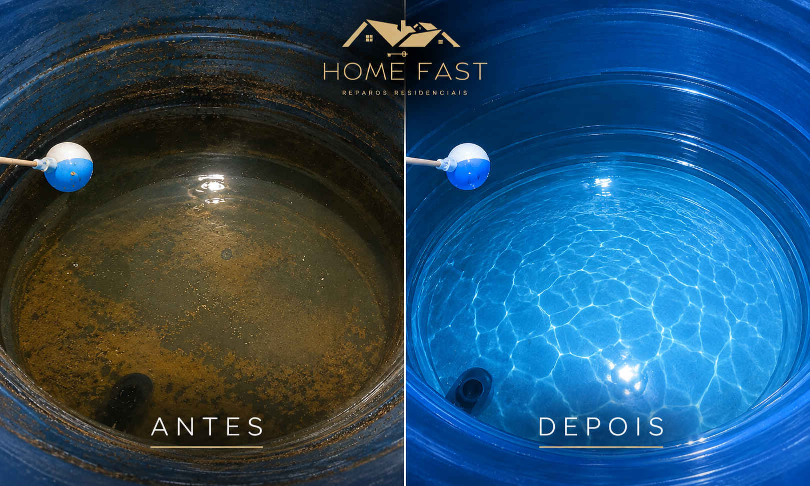 Antes e depois da limpeza de caixa d'água realizada pela Home Fast