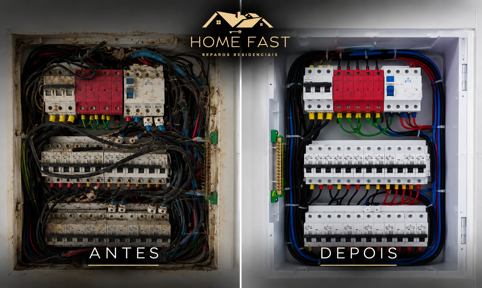 Antes e depois da manutenção elétrica realizada pela Home Fast