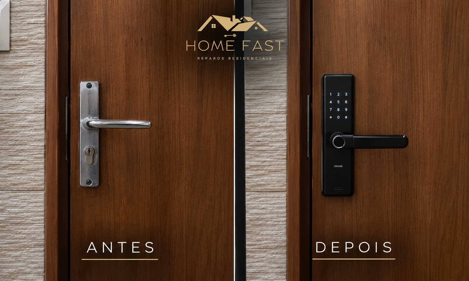 Antes e depois da instalação de fechadura digital realizada pela Home Fast