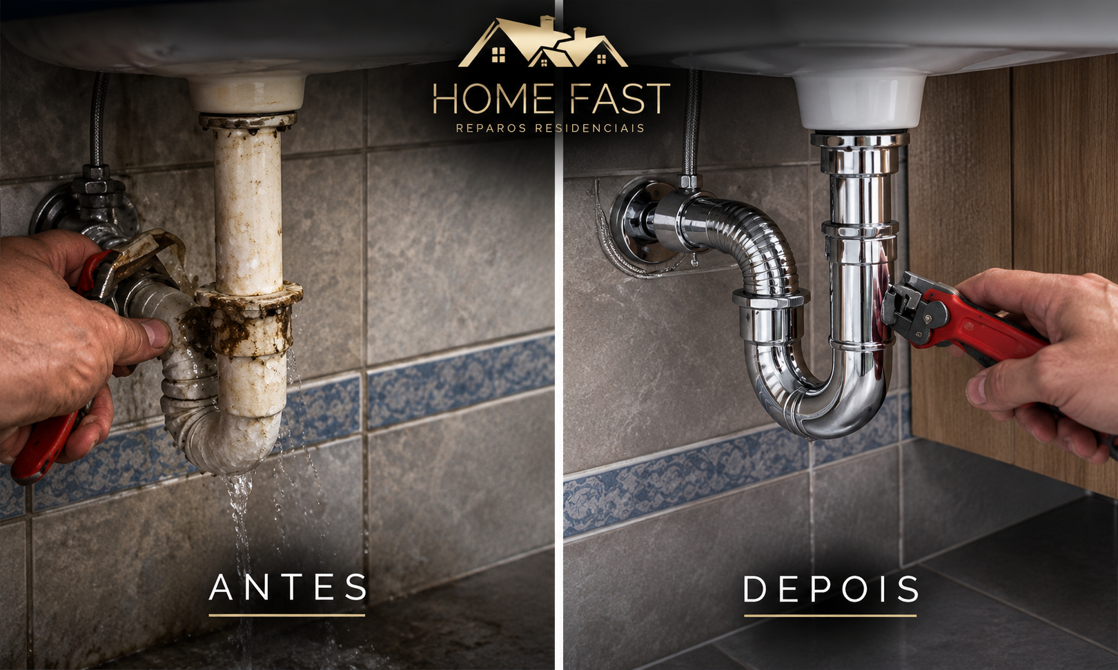 Antes e depois de reparo hidráulico realizado pela Home Fast