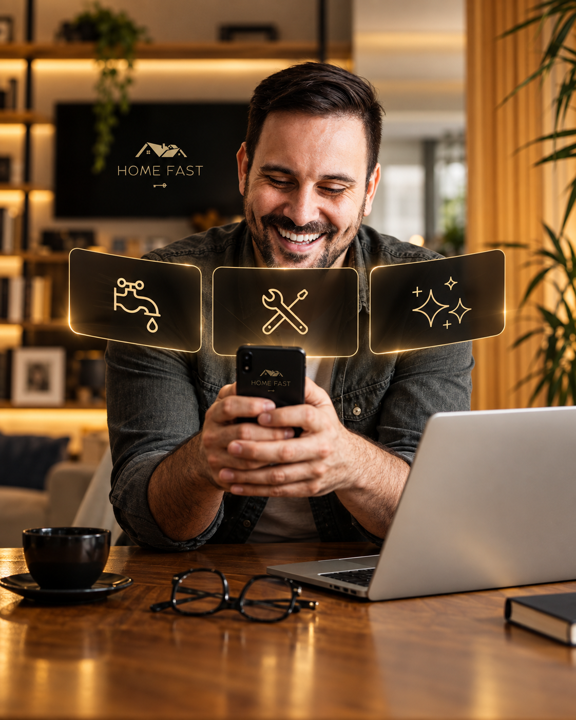 Cliente satisfeito solicitando serviços pelo app da Home Fast
